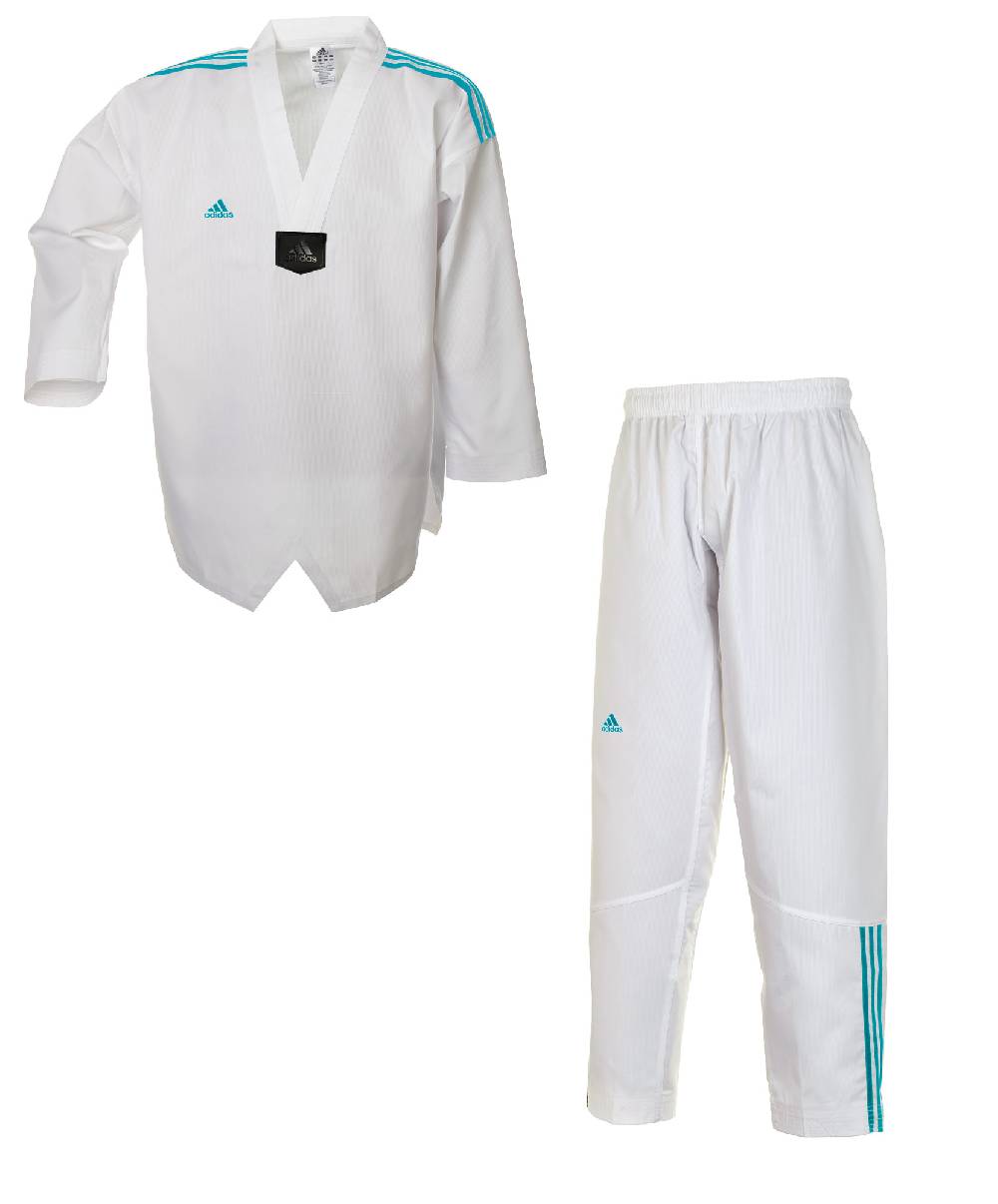 Ju Sports adidas Taekwondoanzug, Adi Club 3 stripes, weißes Revers, blaue Streifen