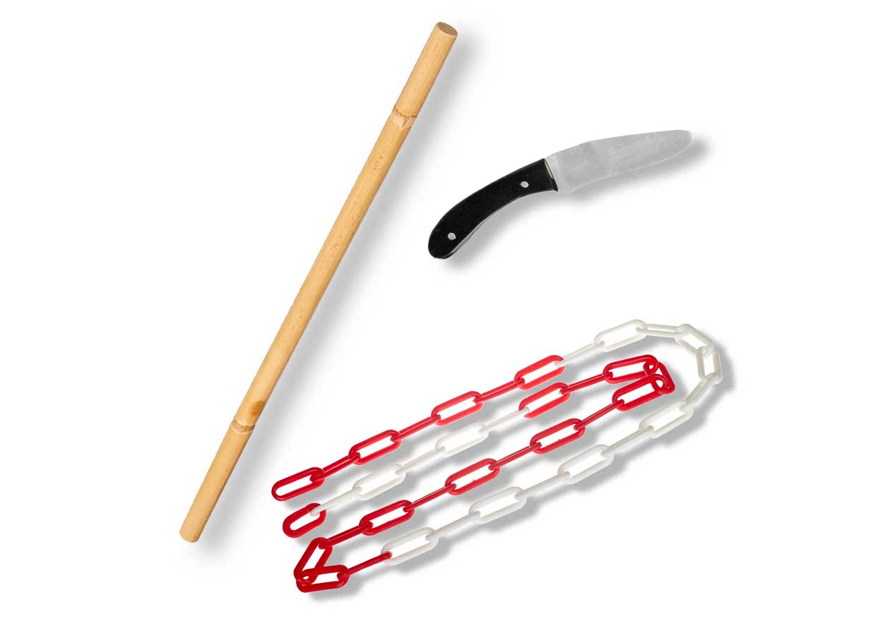 Ju Sports Ju-Jutsu Waffenset 1: Bambusstock, Alumesser, Kette (1. Kyu) im Angebot
