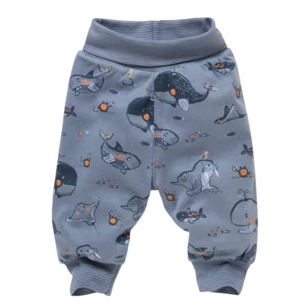 Pololo People Wear Organic Wendehose ozeanblau und weiß mit Tieren aus dem Meer , aus Bio-Baumwolle Saisonschlussverkauf