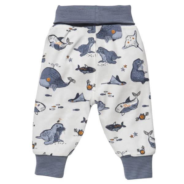 Pololo People Wear Organic Wendehose ozeanblau und weiß mit Tieren aus dem Meer , aus Bio-Baumwolle Saisonschlussverkauf