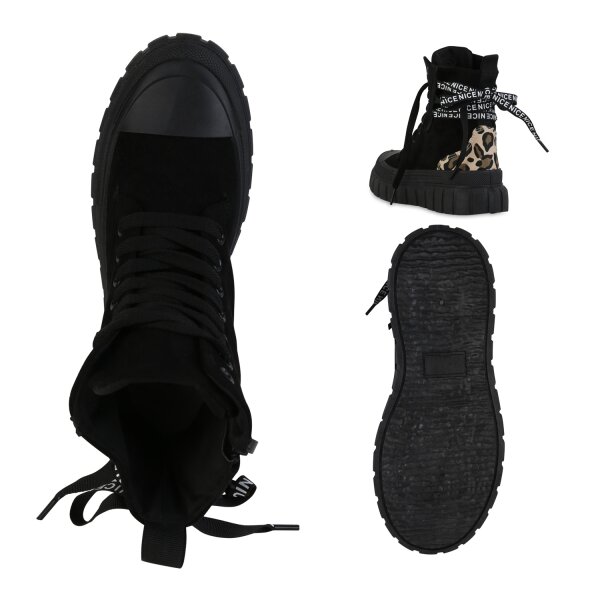 Stiefelparadies Damen Plateau Sneaker in Schwarz Leo Günstig kaufen