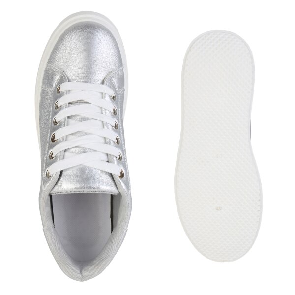 Stiefelparadies Damen Plateau Sneaker in Silber Nur für heute