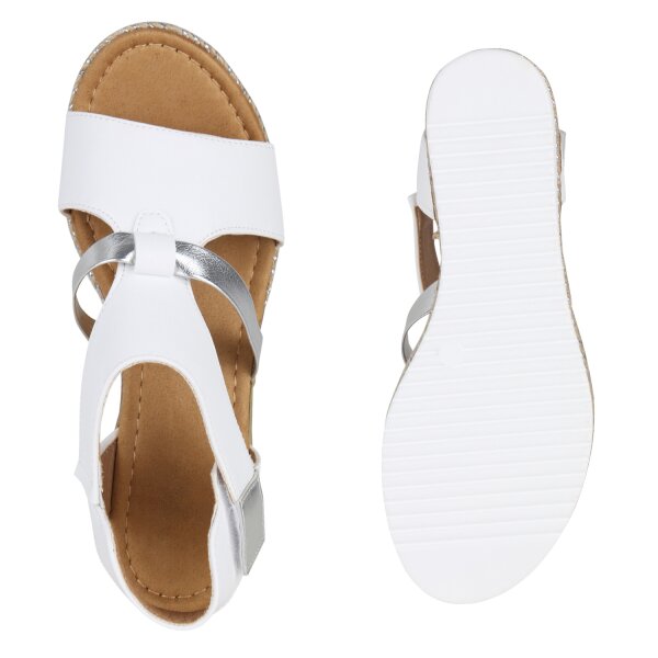 Stiefelparadies Damen Keilsandaletten in Weiss Silber Metallic Bis zu 50% Rabatt