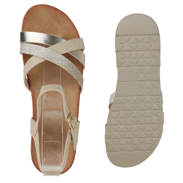 Stiefelparadies Damen Komfort Sandalen in Beige Metallic Fabrikladen