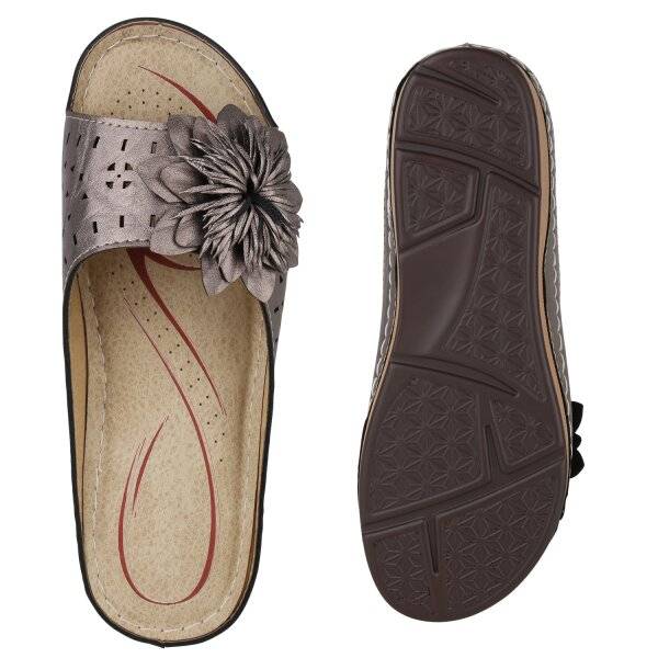 Stiefelparadies Damen Pantoletten in Grau Metallic Saisonschlussverkauf