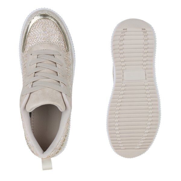 Stiefelparadies Damen Plateau Sneaker in Beige Metallic Riesige Ersparnisse