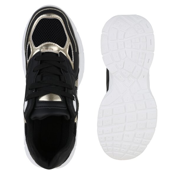 Stiefelparadies Damen Plateau Sneaker in Schwarz Gold Metallic JETZT KAUFEN
