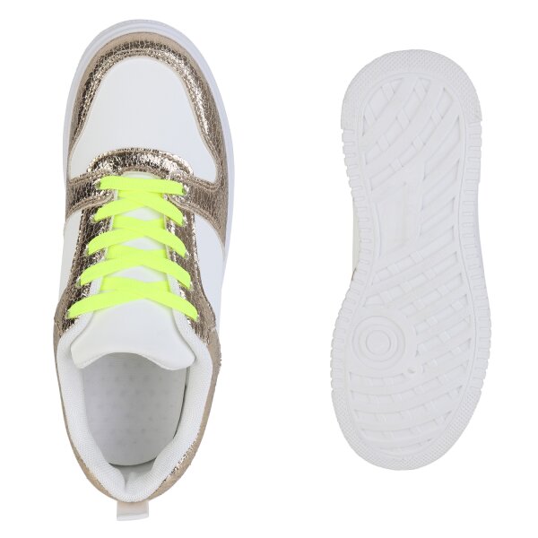 Stiefelparadies Damen Plateau Sneaker in Weiss Gold Snake Letzte 2 Tage
