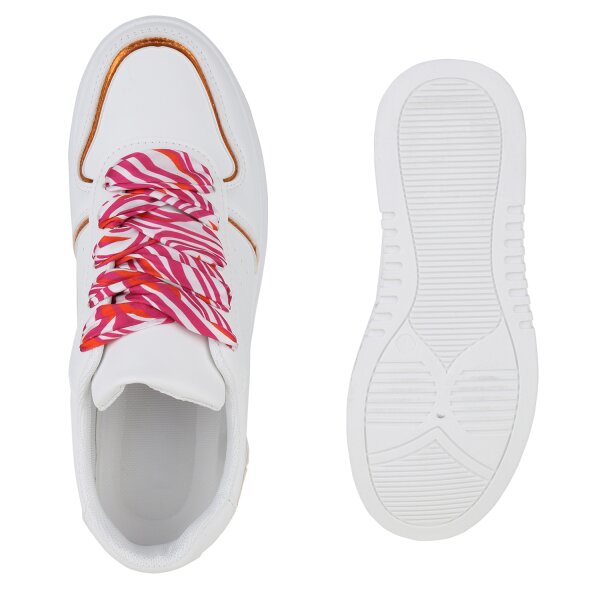 Stiefelparadies Damen Plateau Sneaker in Weiss Orange Metallic Letzter Tag